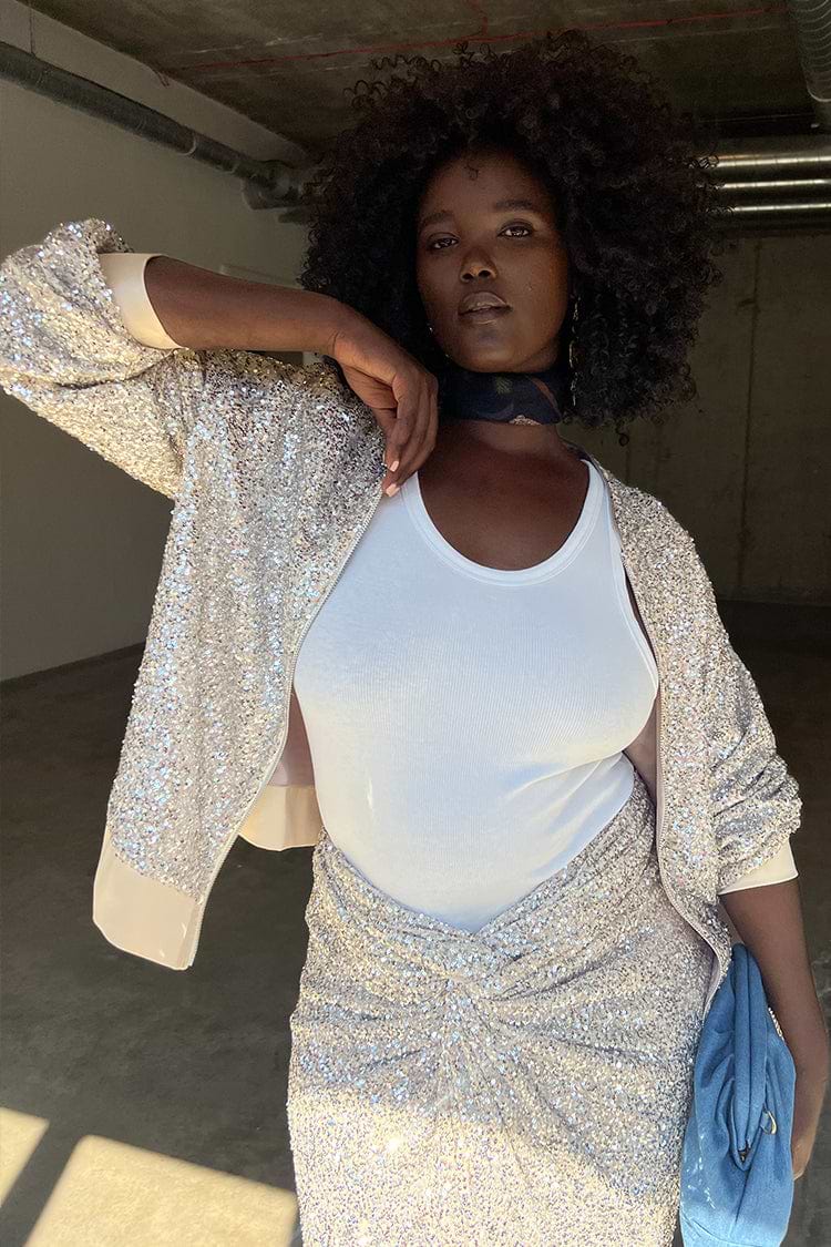 Model wearing Sequin Bomber