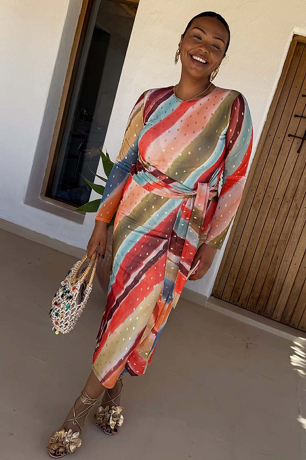 Sunset Stripe Mesh Midi Dress