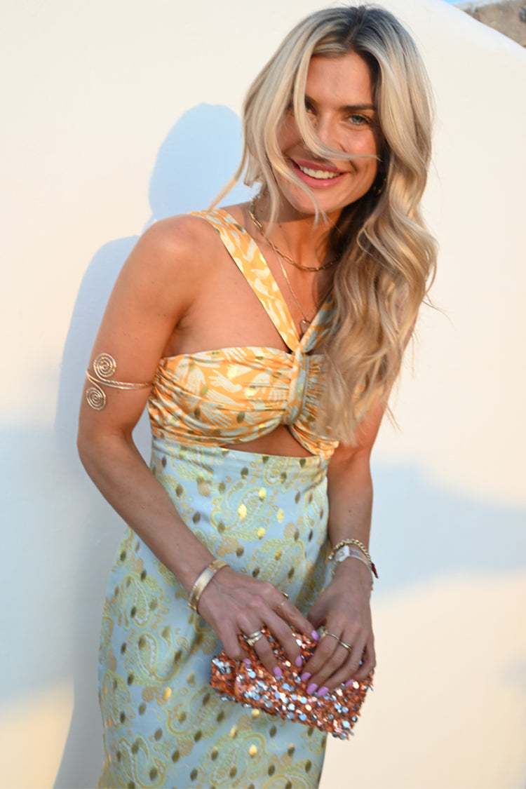 Model wearing Pastel Ariella Dress with Gold Fleck