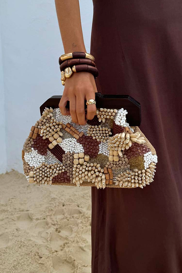 Brown Beaded Clutch Bag