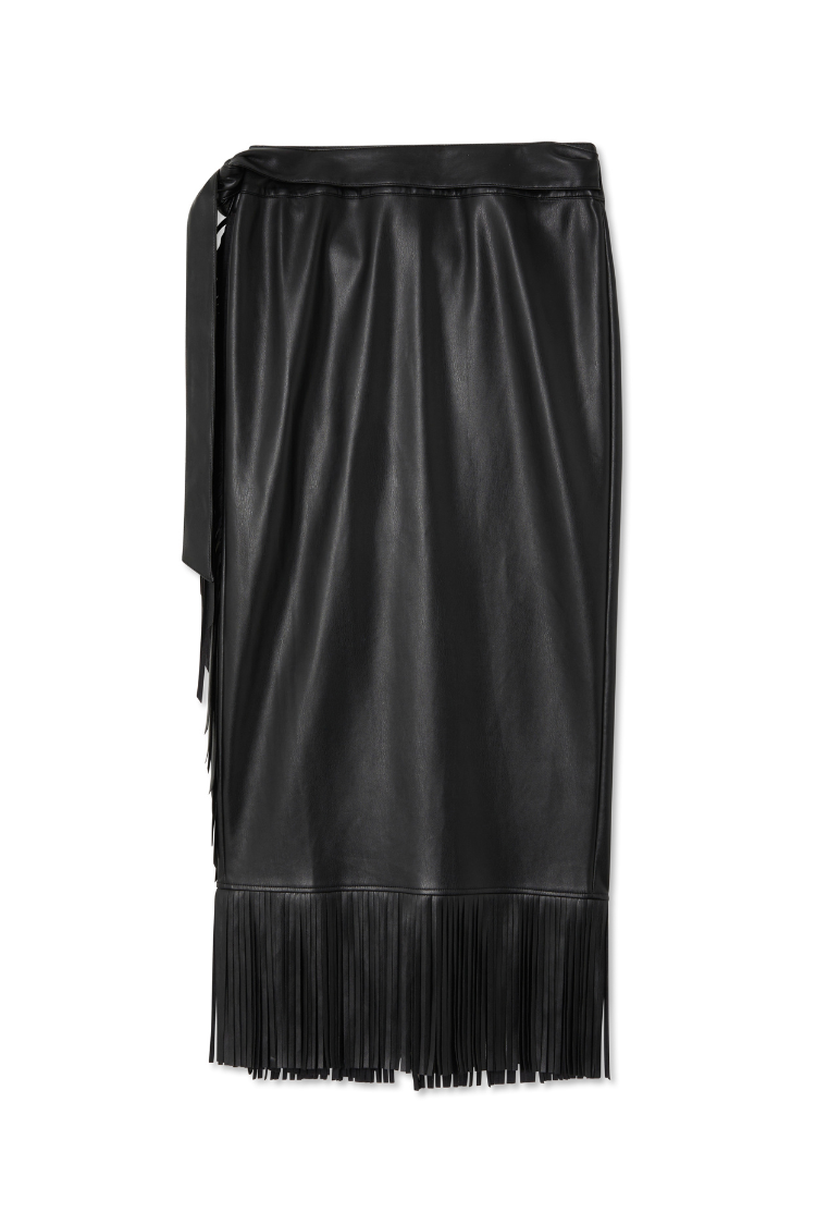 Black Vegan Leather Fringe Midi Jaspre Skirt