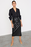 Thumbnail for caption_Model is wearing Black Vegan Leather Jaspre Skirt in UK 8 / US 4