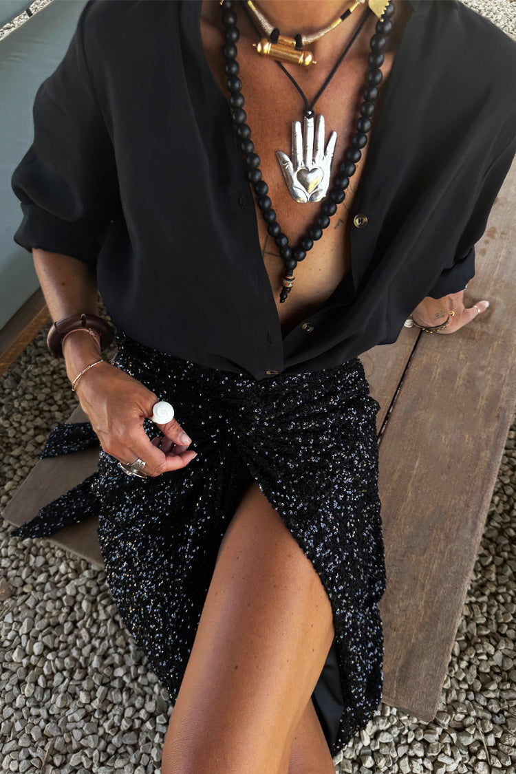 caption_Model wears Black Sequin Maxi Jaspre Wrap Skirt in UK size 10/ US 6