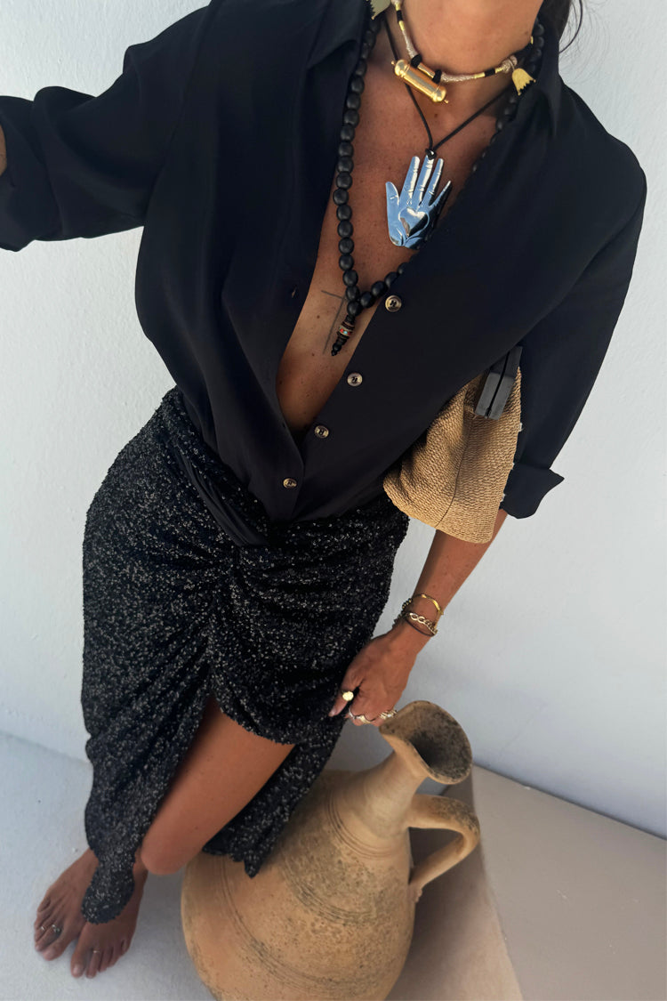 caption_Model wears Black Sequin Maxi Jaspre Wrap Skirt in UK size 10/ US 6