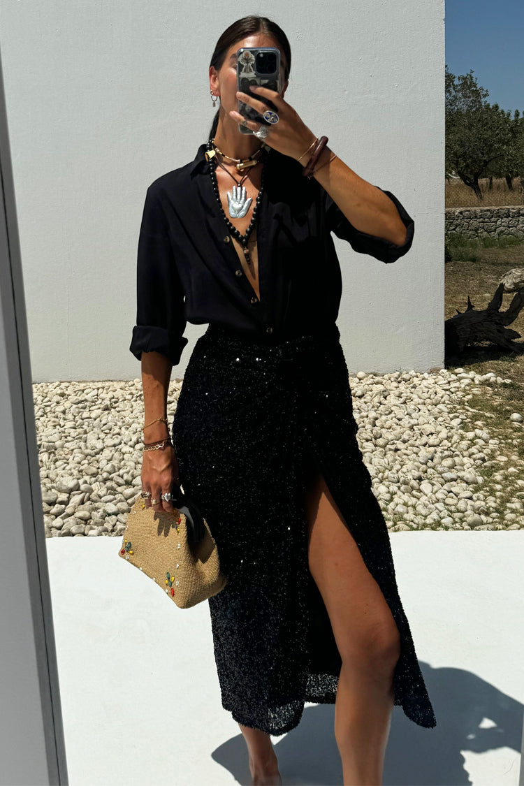 caption_Model wears Black Sequin Maxi Jaspre Wrap Skirt in UK size 10/ US 6