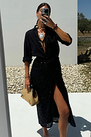 Thumbnail for caption_Model wears Black Sequin Maxi Jaspre Wrap Skirt in UK size 10/ US 6