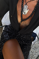 Thumbnail for caption_Model wears Black Sequin Maxi Jaspre Wrap Skirt in UK size 10/ US 6