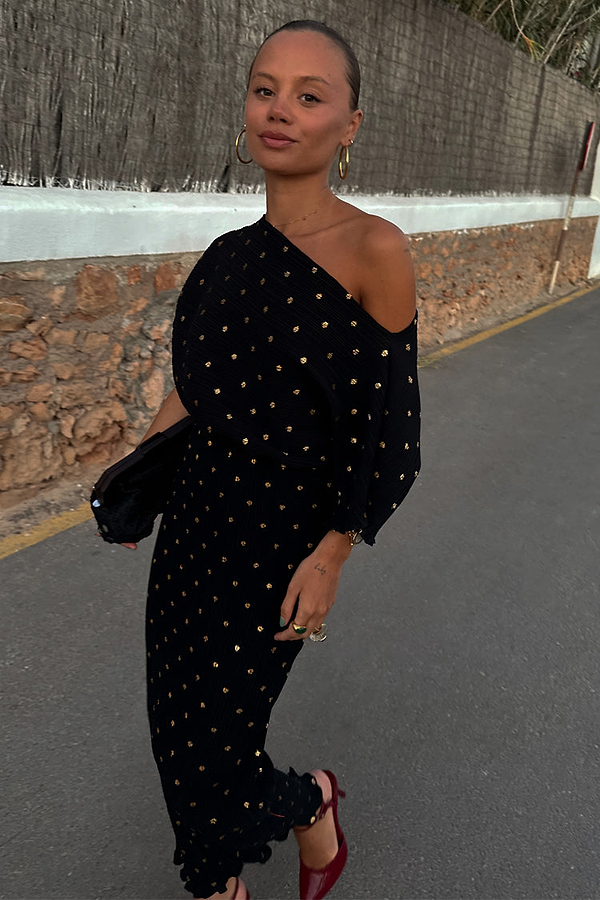 Black Tilly Plisse Dress with Gold Fleck