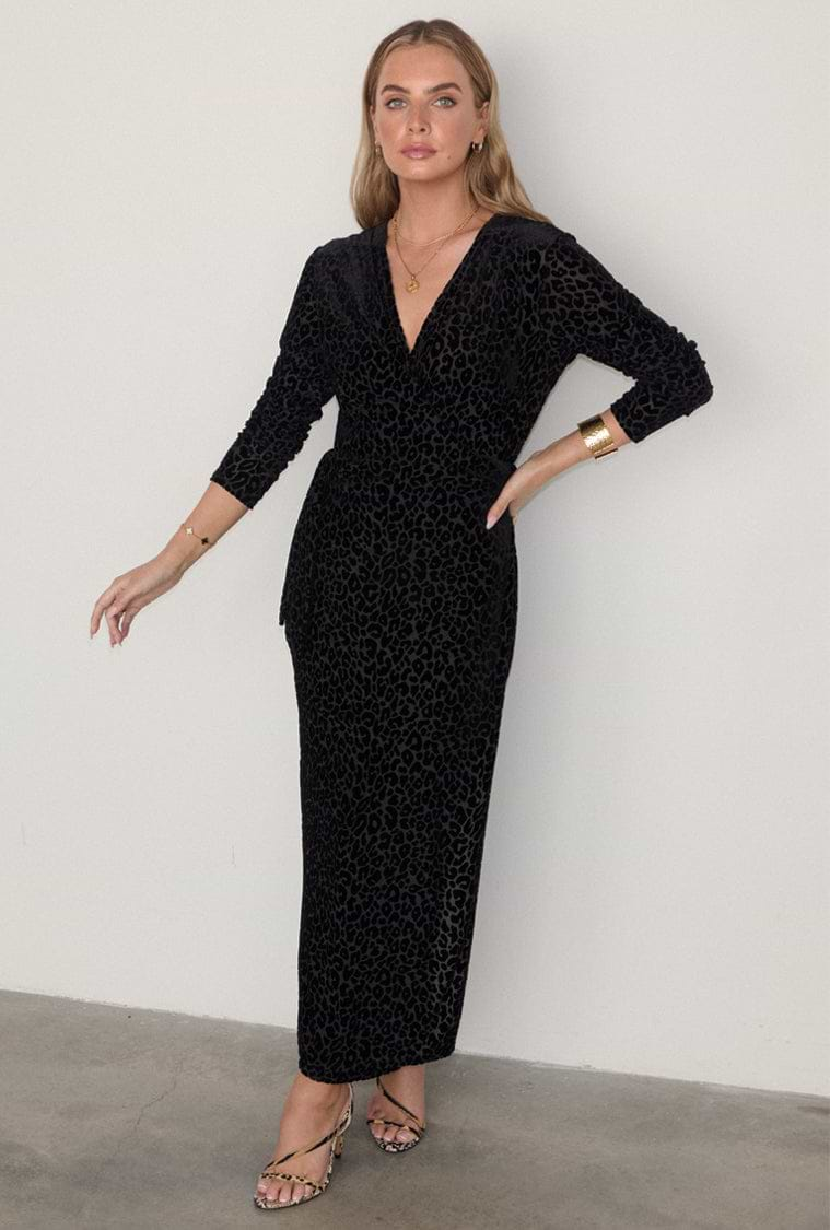 caption_Model wears Black Leopard Devore Willow Wrap Dress  in UK size 8/ US 4