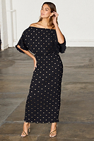 Thumbnail for caption_Model wears Black Tilly Plisse Dress with Gold Fleck in UK size 10/ US 6