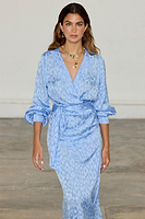 Thumbnail for caption_Model wears Sky Blue Jacquard Vienna Dress in UK size 8/ US 4