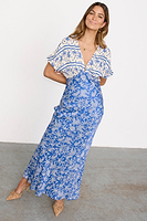 Thumbnail for caption_Model wears Blue Mosaic Elodie Dress in UK size 10/ US 6