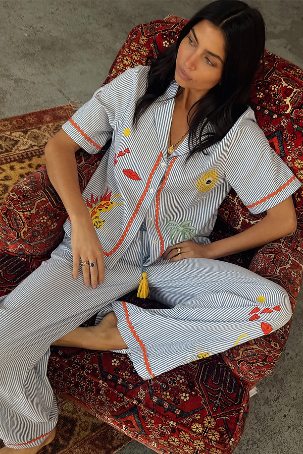 Blue Stripe Embroidered Pyjamas