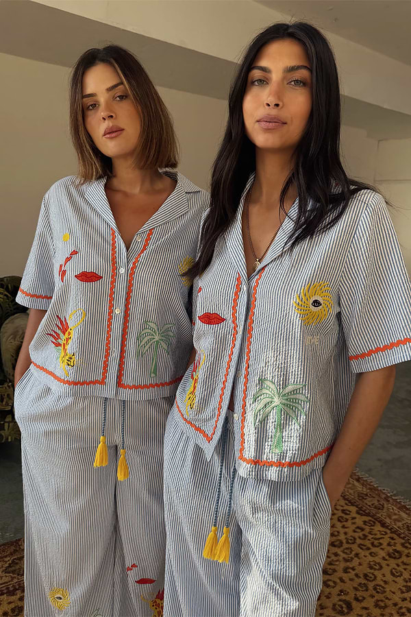 Blue Stripe Embroidered Pyjamas – Never Fully Dressed