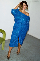 Thumbnail for caption_Model wears Blue Sequin Tilly Top in UK size 18/ US 14