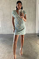 Thumbnail for caption_Model wears Blue Jacquard Mini Tilda in UK size 10/ US 6