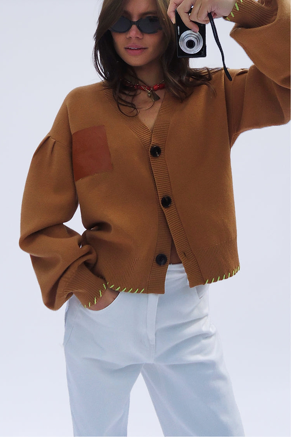 Camel Cardigan With PU Patch