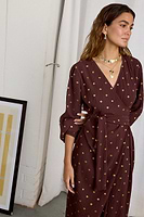 Thumbnail for caption_Model wears Chocolate Plisse Wrap Dress in size S