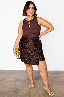 Thumbnail for caption_Model wears Chocolate Sequin Mini Jaspre Skirt in UK size 18/ US 14