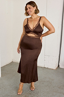 Thumbnail for caption_Model wears Chocolate Mimi Dress in UK size 18/ US 14