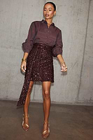 Thumbnail for caption_Model wears Chocolate Sequin Mini Jaspre Skirt in UK size 10/ US 6