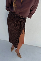 Thumbnail for caption_Model wears Chocolate Sequin Jaspre Skirt in UK size 10/ US 6