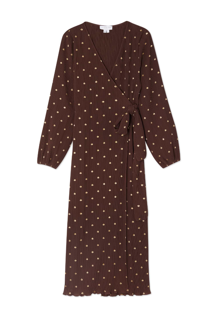 Chocolate Plisse Wrap Dress Petite