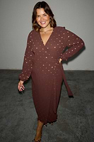 Thumbnail for caption_Model wears Chocolate Plisse Wrap Dress in size XL