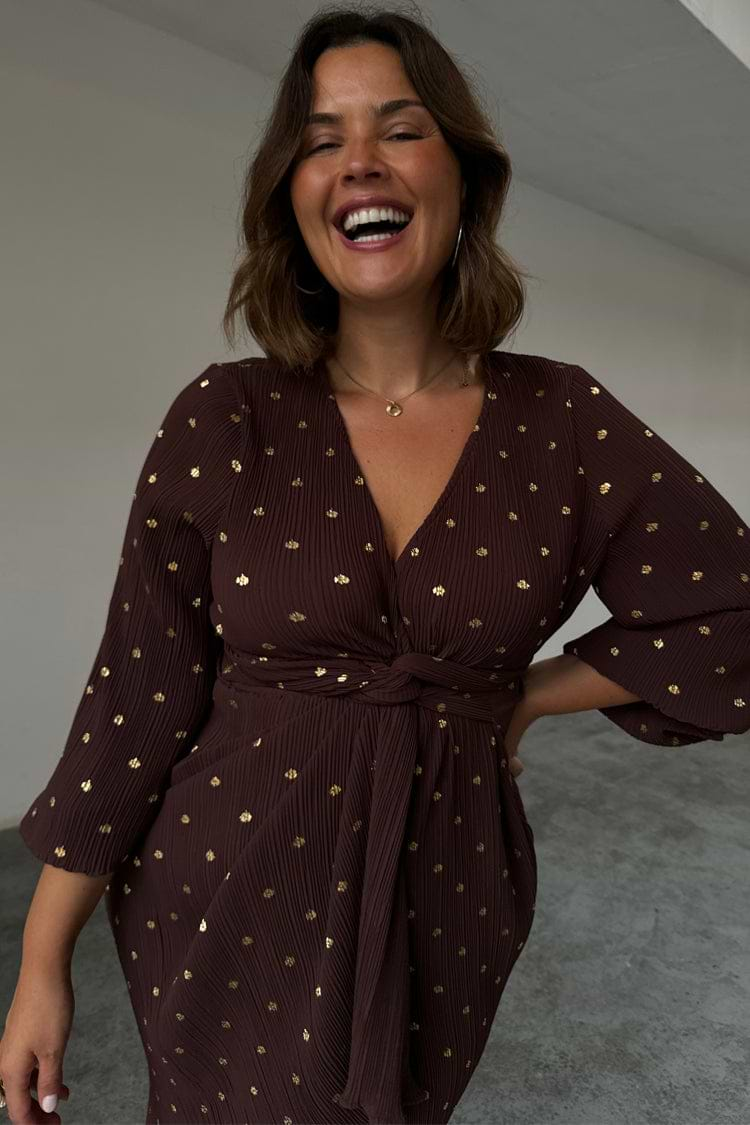 caption_Model wears Chocolate Plisse Wrap Dress in size XL