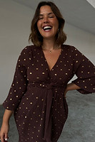 Thumbnail for caption_Model wears Chocolate Plisse Wrap Dress in size XL