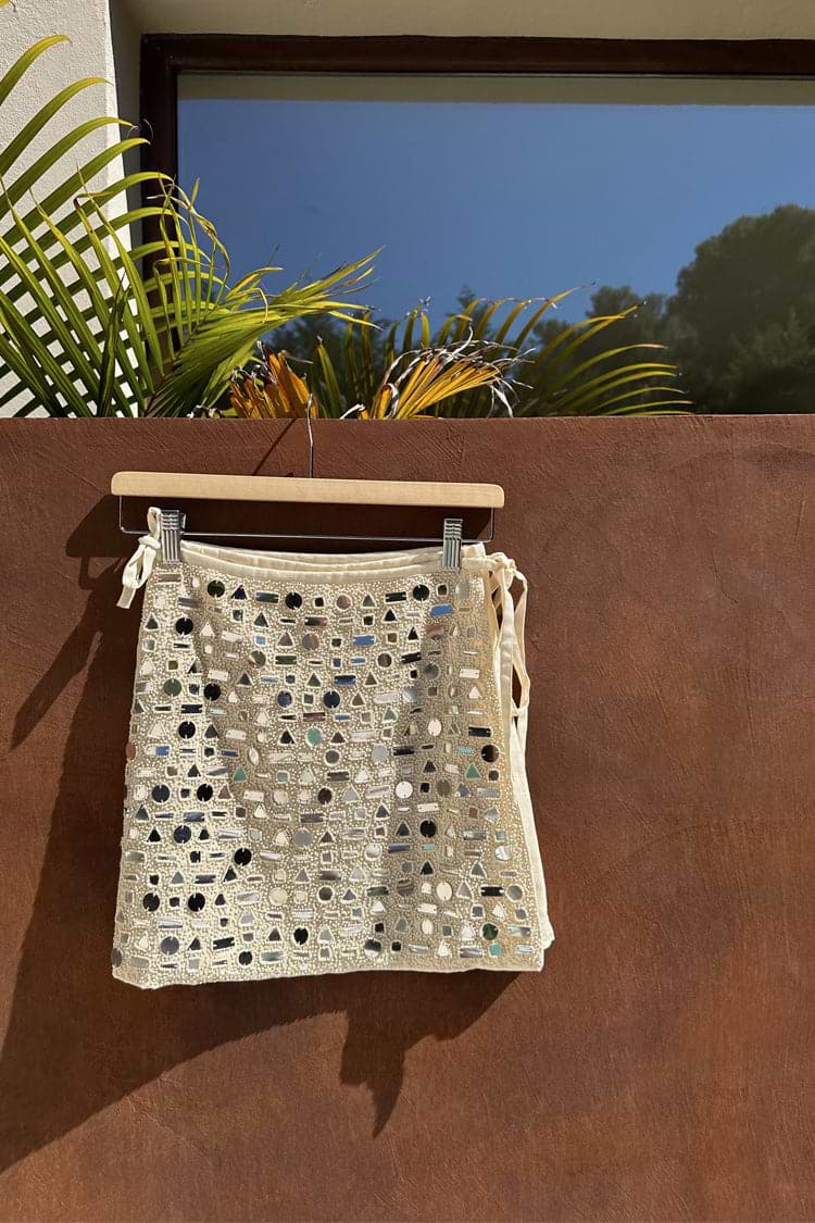 Cream Beaded Mirror Skirt