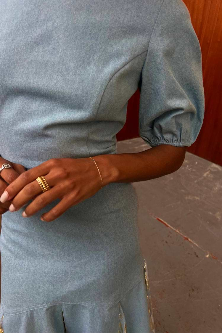 close up of model wearing Denim Jacquard Monty Dress