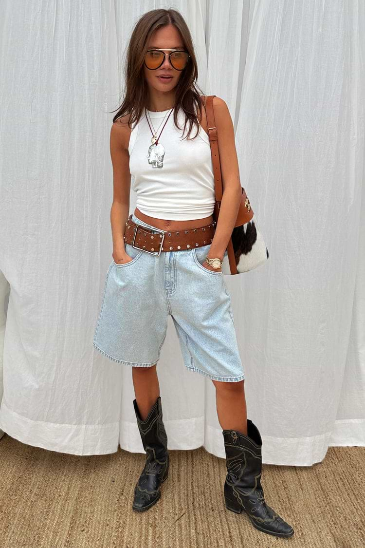 Denim Scallop Pocket Long Shorts