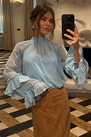 Thumbnail for caption_Model wears Pastel Blue Elinor Blouse in UK size 6/ US 2