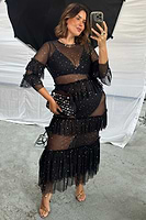 Thumbnail for caption_Model wears Black Star Mesh Felicity Dress in UK size 18/ US 14