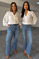 Thumbnail for caption_Models wear Denim Flare Scallop Jean  in UK size 8 and 18