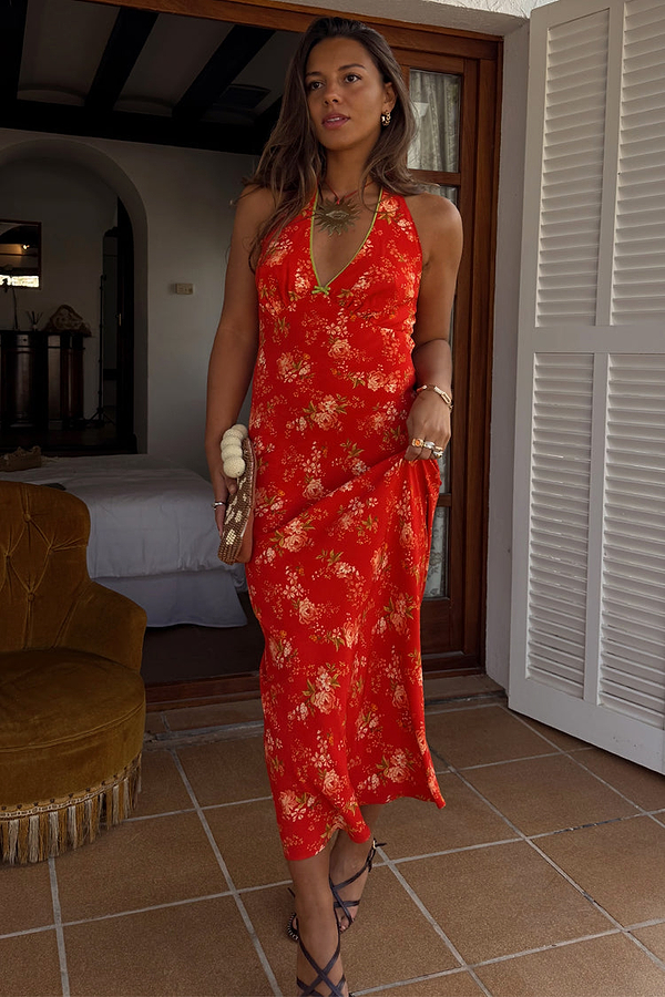 Red Floral Halter Dress