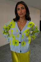 Thumbnail for caption_Model wears Blue Floral Hannah Cardigan  in size M