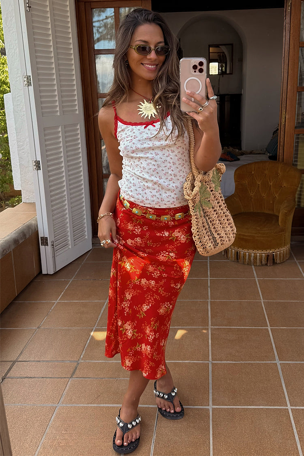 Red Floral Midi Skirt