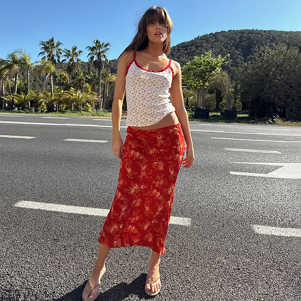 Red Floral Midi Skirt – Never Fully Dressed