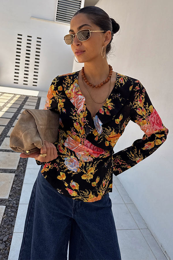 Black Sofia Floral Wrap Top