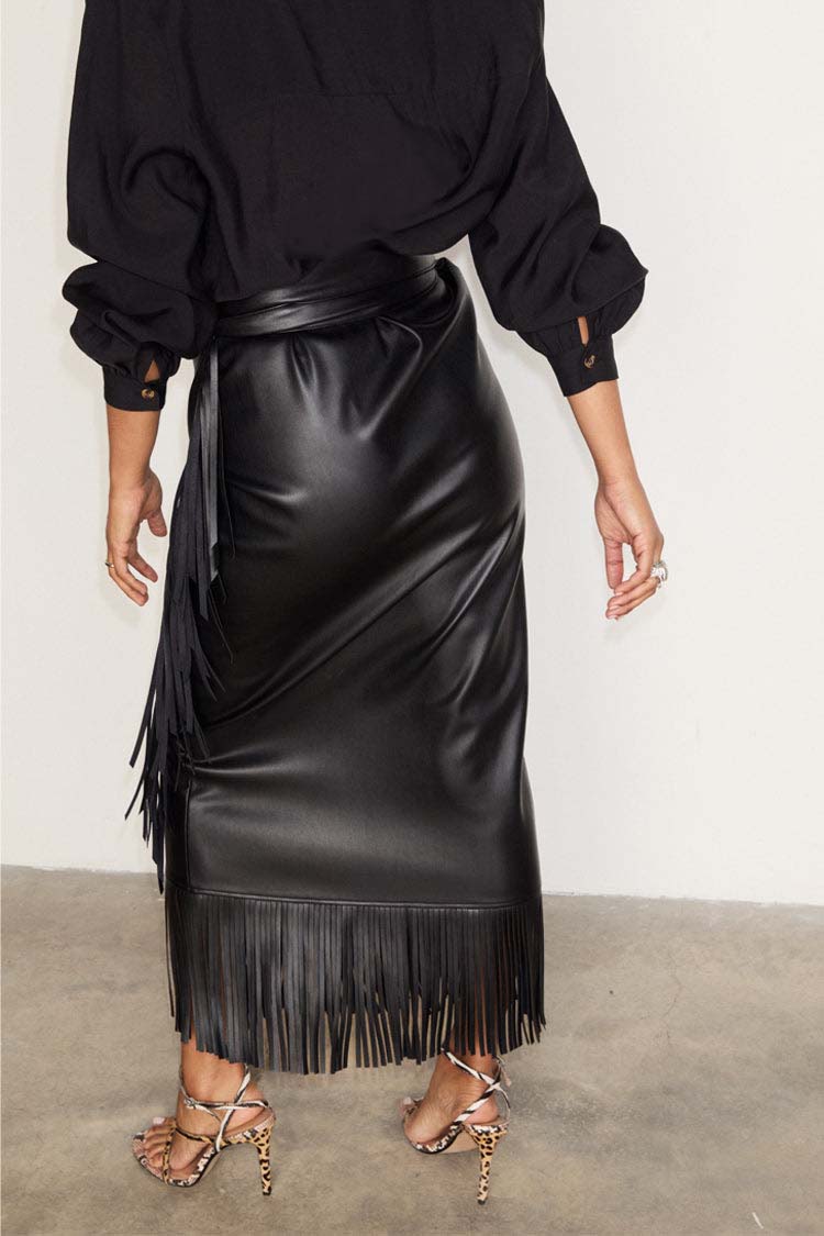 Black Vegan Leather Fringe Midi Jaspre Skirt