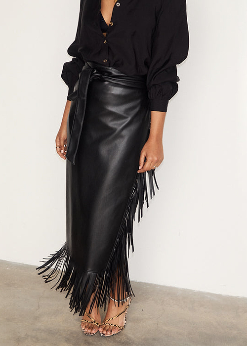Black Vegan Leather Fringe Midi Jaspre Skirt