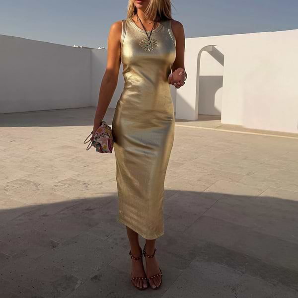 Women's Gold Metallic Ribbed Dress in - size L - Never Fully Dressed Women's Gold Metallic Ribbed Dress in - size L - Never Fully Dressed