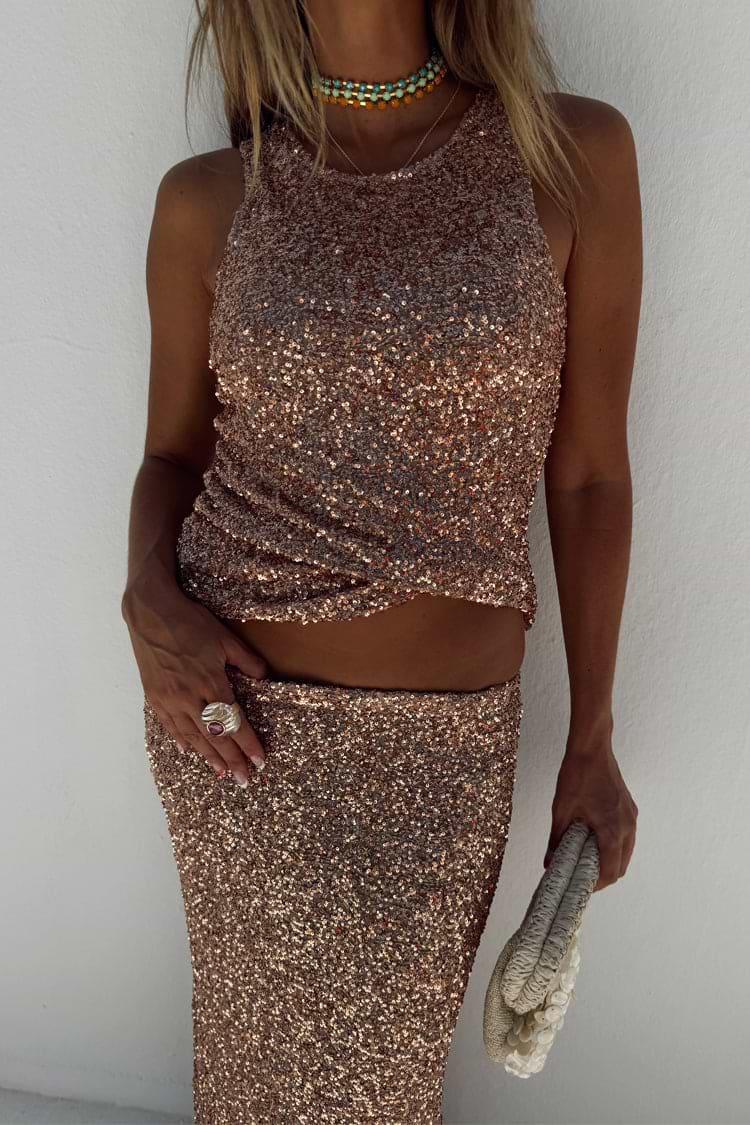 caption_Model wears Gold Sequin Tank Top in UK size 10/ US 6