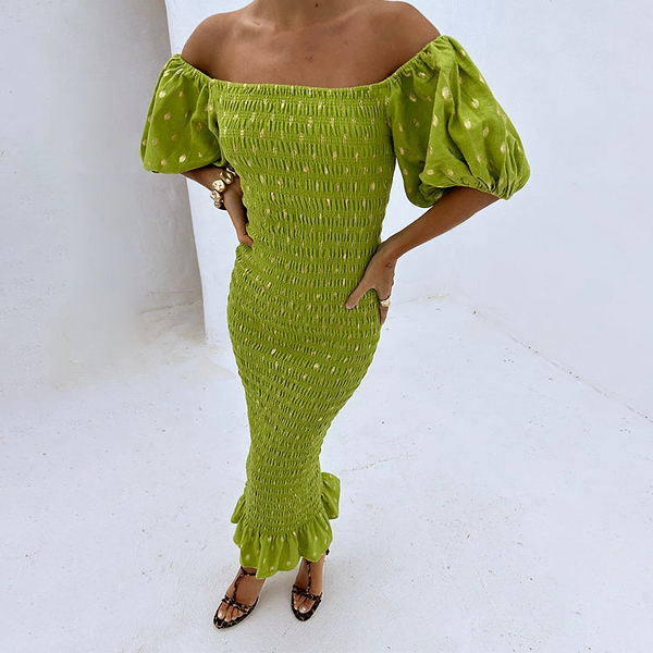 Olive Jojo Dress with Gold Fleck  Never Fully Dressed