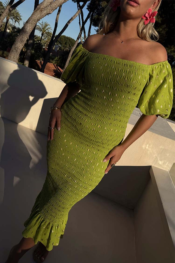 Olive Jojo Dress with Gold Fleck