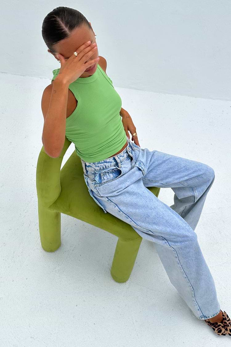 caption_Model wears Green Ribbed Tank Top in size S