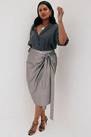 Thumbnail for caption_Model wears Gunmetal Vegan Leather Jaspre Skirt in UK size 16/ US 12