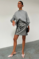 Thumbnail for caption_Model wears Gunmetal Vegan Leather Mini Jaspre Skirt  in UK size 10/ US 6